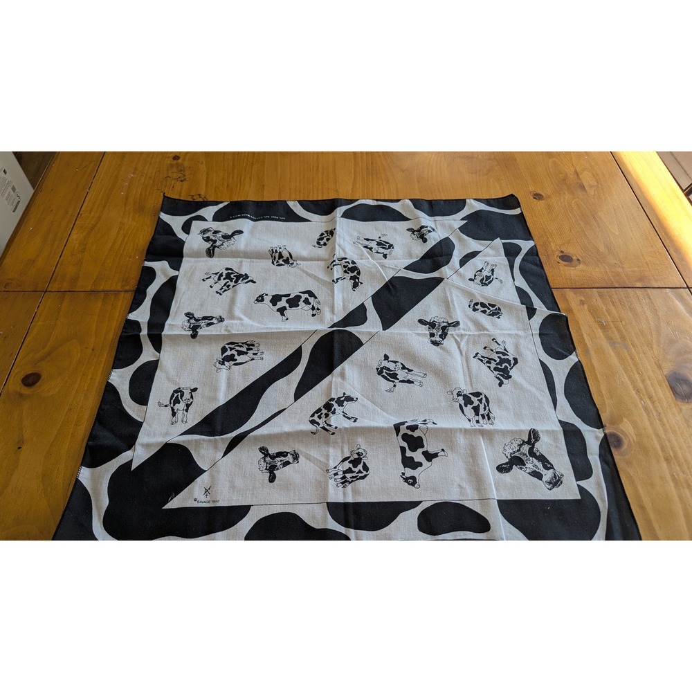 Vintage 1992 Savage Cow Print Bandana Black White Made in USA 21x21 Graphic
